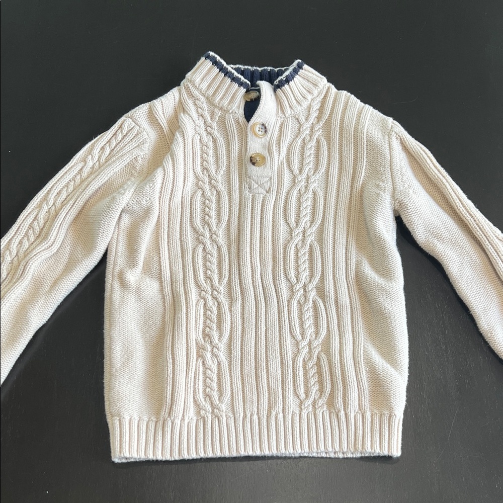 British Khaki Cream Cable Knit Sweater with Navy Trim